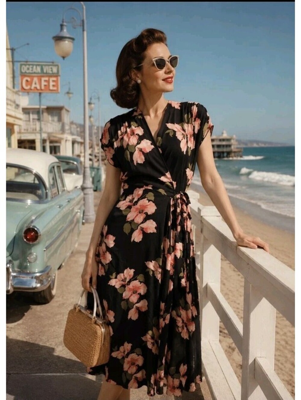 Loco Lindo 1950s-Inspired Floral Midi Dress Size M Women's Wrap Cap Sleeve #AA
